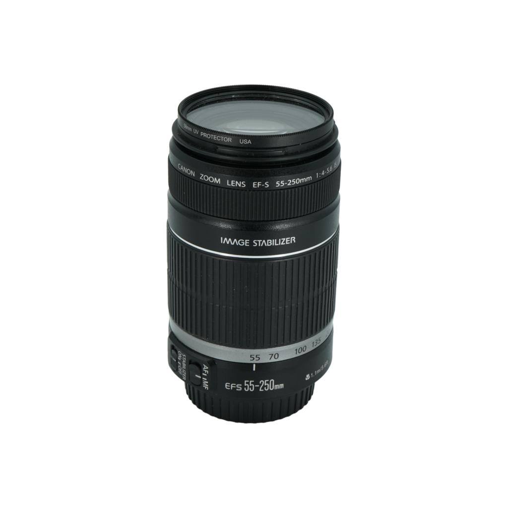 Canon 20D APS-C DSLR camera, Canon 18-55mm f/3.5-5.6 APS-C DSLR lens, and 55-250mm f/4-5.6 IS APS-C DSLR zoom lens