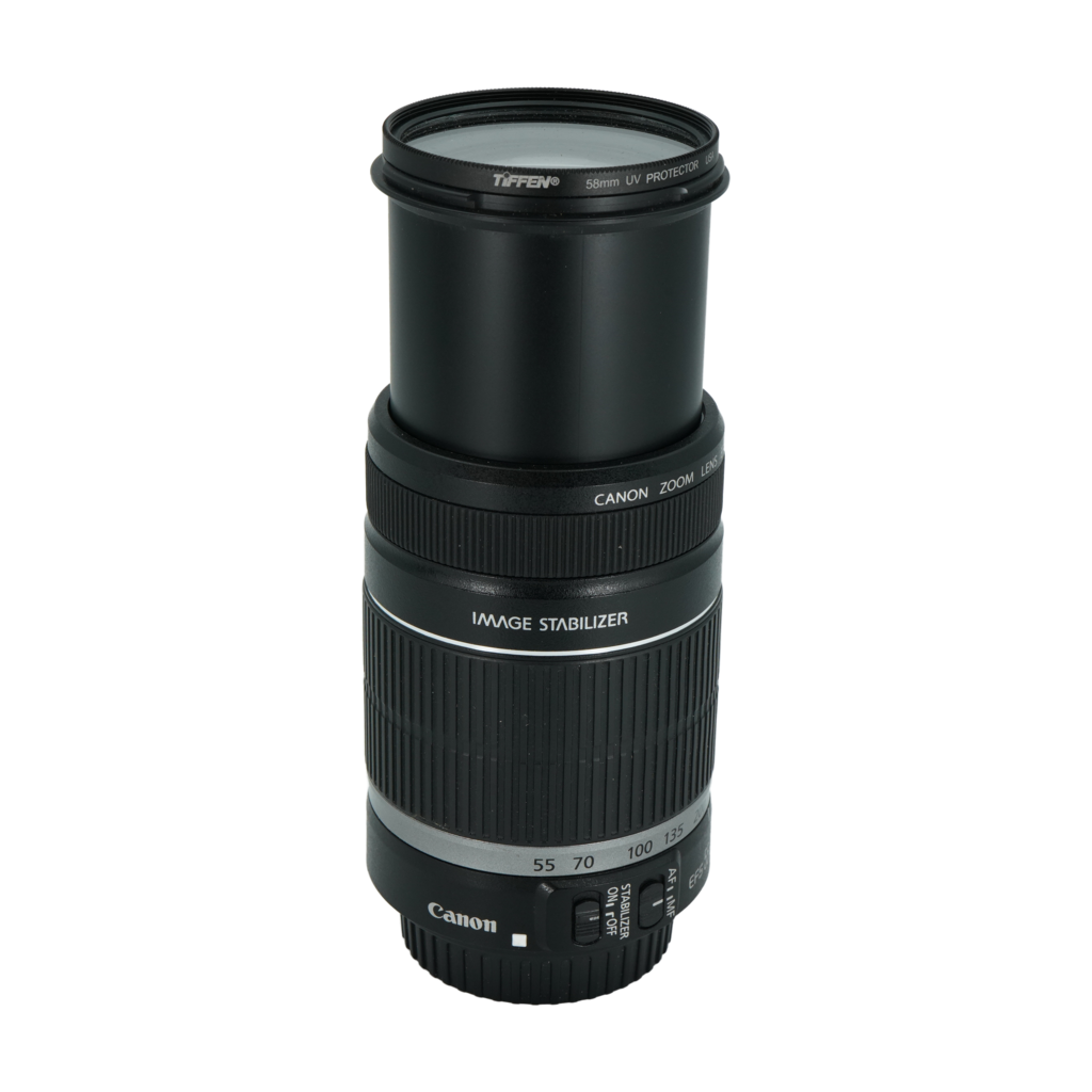 Canon 20D APS-C DSLR camera, Canon 18-55mm f/3.5-5.6 APS-C DSLR lens, and 55-250mm f/4-5.6 IS APS-C DSLR zoom lens